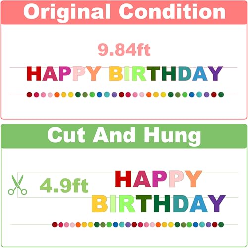 Image of 2 PCS Pre-Strung 3D Felt Happy Birthday Banner - Reusable Rainbow Happy Birthday Decorations Sign, Felt Ball Garland, Pom Pom Garland, Party Decor, Photo Prop (RAINBOW)