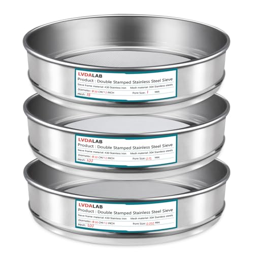 3 Pack 304 Stainless Steel Mesh Lab Sieves, 300 mesh 0.052 mm, 100 Mesh 0.15 mm, 18 Mesh 1 mm Pore Size Test Sieve, 12in(30cm) Dia Economy Test Sieve for Industrial Laboratory Homes