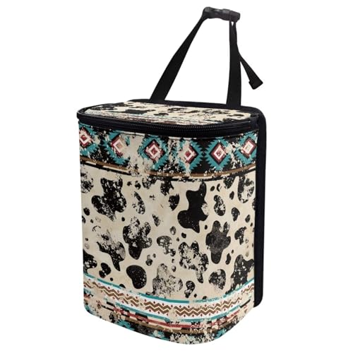 Image of Southwest Aztec Cow Car Trash Bag Foldable Hanging Car Trash Bin Can with Lid Portable Washable Automotive Garbage Storage Bag for Back Seat