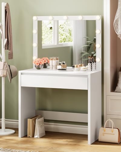 KIMENICH Tocador de Maquillaje, Tocador con iluminación, Brillo Regulable, tocadores con Espejo Grande, cajón Grande con Divisor Ajustable, Moderno, Blanco