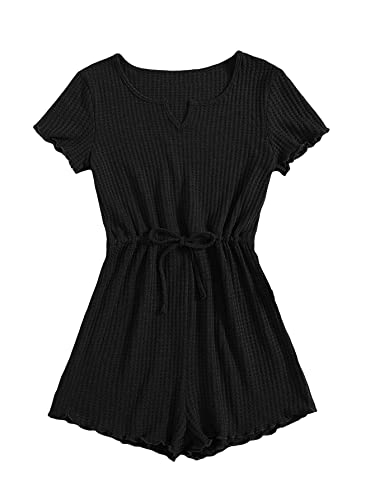 Oyoangle Girl's Waffle Knit Short Sleeve Notched V Neck Drawstring Waist Short Jumpsuit Romper Black 10-11Y #TOP21