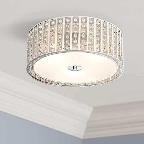 Possini Euro Design Crystal Strands Modern Ceiling Light Flush-Mount Fixture 15 3/4" Wide Chrome Silver Silk Drum Shade for Bedroom Kitchen Living Room Hallway Dining Bathroom Schoolhouse House