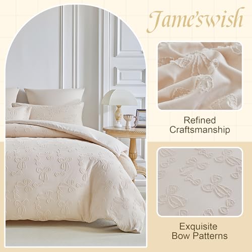 Image of 7 Pieces Bow Comforter Set for Girls Kids Khaki Tufted Boho Bedding Set Full Size Farmhouse Bed in A Bag as Gifts (1 Comforter, 1 Flat Sheet, 1 Fitted Sheet, 2 Pillowcase and 2 Pillow Sham)