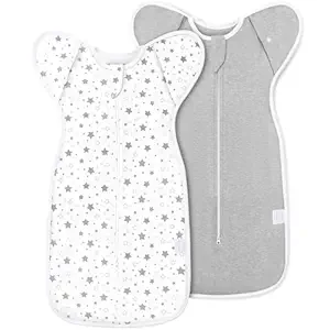 2-Pack Baby Transitional Swaddle Sleep Sack - Arms Up Transitional Swaddles with Removable Cuffs & 2-Way Zipper, Gray Stars Design, Breathable Cotton Sleep Sack (6-9 Month)