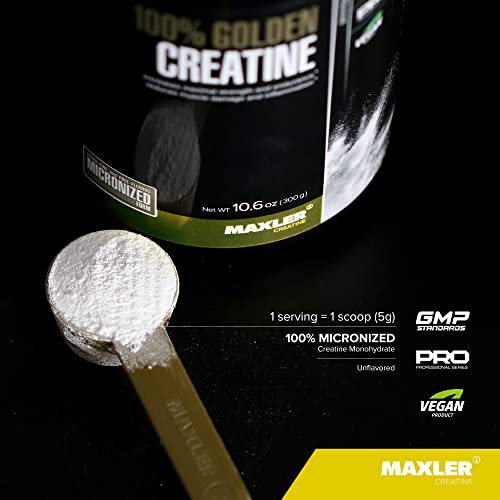 Maxler 100% Golden Creatine - Micronized Creatine Monohydrate Powder - Muscle Building Supplements - Pre/Post Workout Vegan Supplement - Gluten Free Unflavored Creatine Powder - 300 G #TOP2