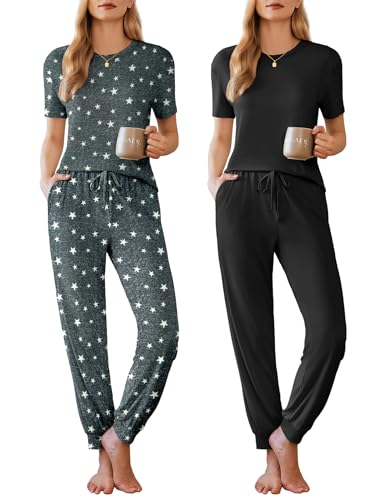 Image of Ekouaer Pajamas for Women Set 2 Pack Lounge Set Short Sleeve Pjs Joggers Long Pants Loungepwear with Pockets