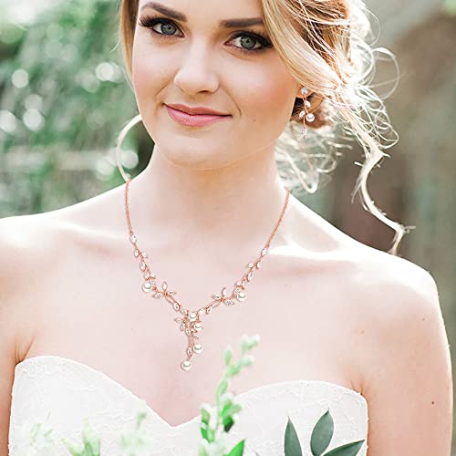 Image of EVER FAITH Wedding Cubic Zirconia Jewelry Set for Women, Marquise White Simulated Pearl Floral Vine Bridal Prom Necklace Earrings for Bride