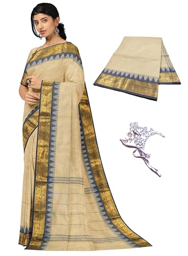 Sari Chettinad en coton pur 80 fils avec bordure Jari tissée élégante pour femme