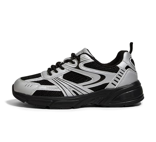 Lace Up Lightweight Running Shoes Non Slip Breathable Chunky Shoes(9 M Us Black Silver)
