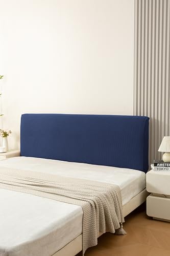 Image of HOMETHREADS Stretchable Lycra /Velvet Headboard Cover | Soft, Dust-Proof & Wrinkle-Resistant Bed Back Protector | Fits Leather, Wooden & Fabric Bedsides | for 5ft to 6.5ft Beds | (Navy, 150x65cm)