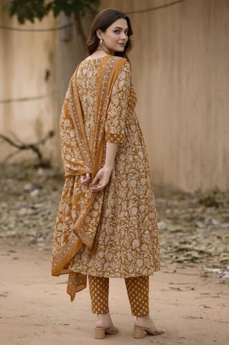 Image of GoSriKi Kurta Set for Women Viscose Blend Printed | Kurti Set with Dupatta for Woman | A-Line Kurta Pant Set Women | 3 Piece Set Womens | Round Neck V-Slit Sleeveless Regular Fit Stylish Ethnic