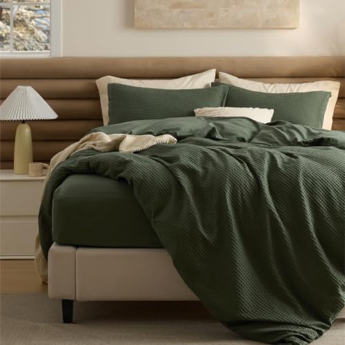 Image of Bedsure Cotton Waffle Duvet Cover Set with Fitted Sheet, King, Olive Green | Waffle Texture, Breathable, Skin-Friendly, OEKO-TEX Certified, Good Housekeeping Seal, All-Season, Machine Washable