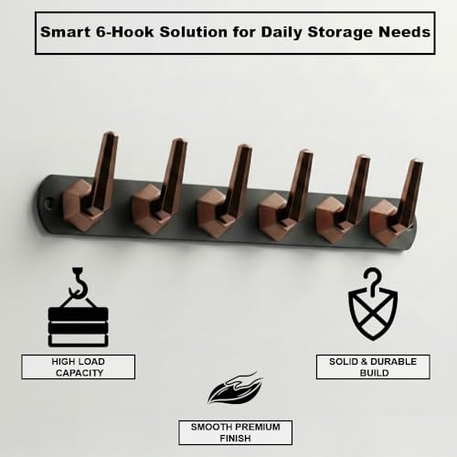 Image of Modern Design Cloth Hanger for Wall /6 Hook Dress Hanger for Door Mount /Bathroom Hooks for Hanging (Black & Cola Finish) Pack of 4-| 3 Years Warranty |