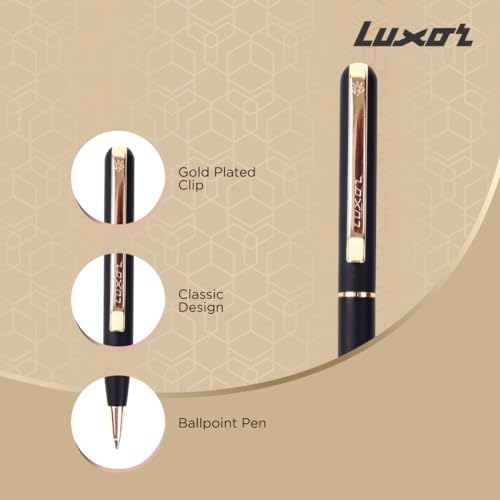 Image of Luxor Royale, Anelia, Ball Pen, Pack of 1, Matte Black Body, Ink Colour- Blue, Gold Trim, Stylish Clip, Regal & Elegant, Durable and Stylish Writing Instrument, Ideal Pen For Gifting