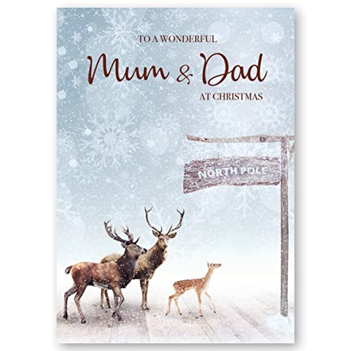 Christmas Card for Mum & Dad. Reindeer in Snow Design. 172 x 122mm Card with Verse Inside and Envelope. Ecofriendly and Made in U.K.