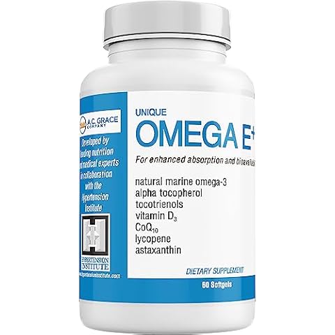 UNIQUE E A.C. Grace Company Omega E+ - Fish Oil Supplement - with Marine Omega-3 Fatty Acids, Vitamin E, Vitamin D3, and CoQ10 - Helps Support Heart, Brain, and Skin Health - 60 Softgels Cover
