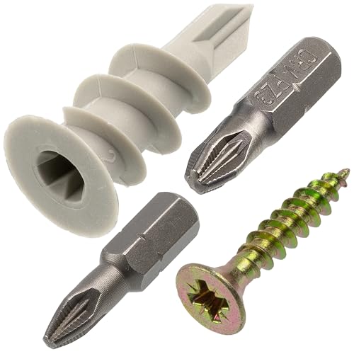 AERZETIX - Juego de 25 tacos para placas de yeso Ø13x34 mm en nailon + 25 tornillos para madera Ø4.5x25 mm + 2 puntas de atornillado PZ2/PZ3 1/4x25 mm | para tabiques de cartón yeso