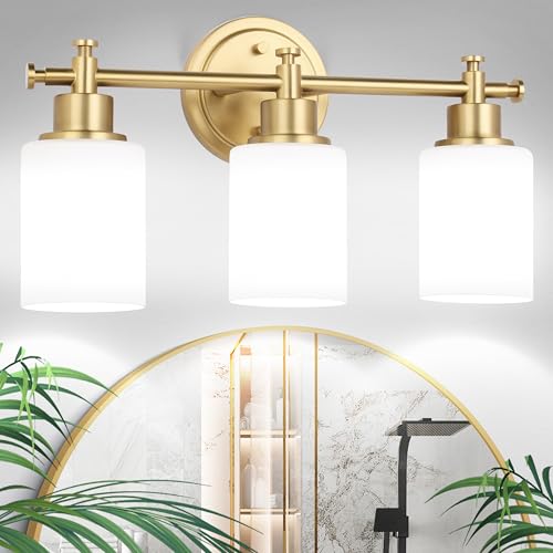 Image of 3-Light Gold Bathroom Vanity Light Fixtures, Brushed Gold Wall Sconce, Champagne Gold Vanity Light with Milky White Glass Shade Over Mirror, Bathroom, Bedroom, Modern Style, E26 Base