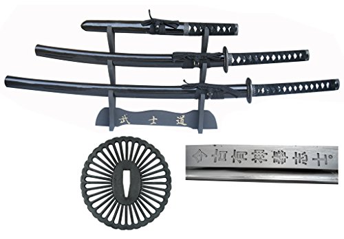 Musha 3 Pcs Hand Forged Samurai Sword Set Black (Black)