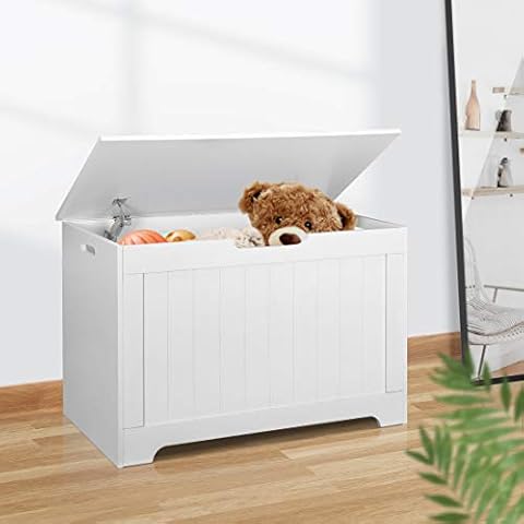 Saicool Wooden Storage Chest, Storage Trunk w/2 Safety Hinges,Storage Bench, Modern Lift Top Chest Box Organizer for Entryway,Living Room, Bedroom,Easy Assembly, White Cover