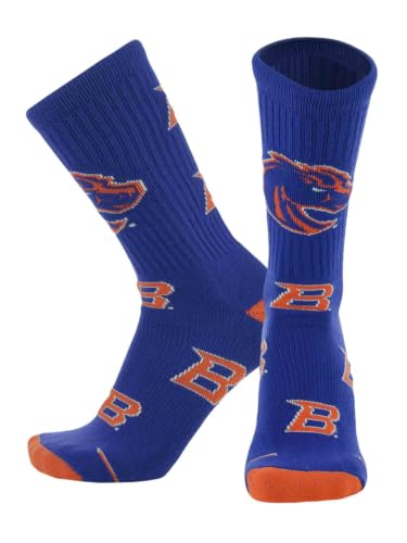 TCK Boise State Broncos Crew Socks - Mens & Womens NCAA Fan Apparel - Mayhem (Royal/Orange/White Made in USA Large)