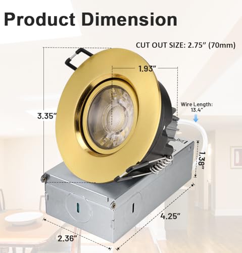 Image of POPANU Premium Shiny Gold 3-inch LED Recessed Lights - 5 CCT 3 Inch Eyeball Ceilling Gimbal Potlight, Dimmable Recessed Lights Fixture with Junction Box, 8W CCT Adjustable, Shiny Gold, 6P