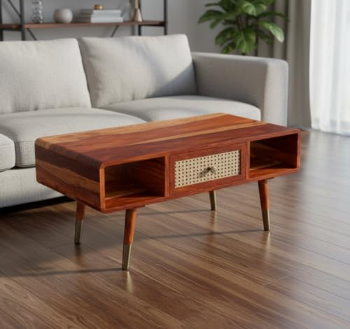 Image of DRIFTINGWOOD Amber Solid Sheesham Wood Coffee Table with Rattan Drawer | Mid-Century Center Table for Living Room with Open Storage | Honey Finish