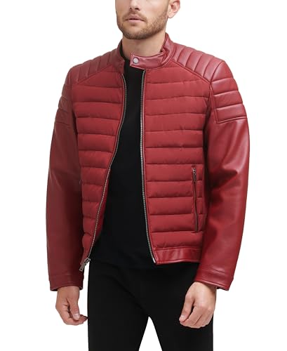 Image of DKNY Men's Mixed Media Faux Leather Puffer Motocross Racer Jacket