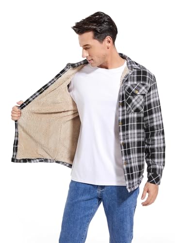 Image of Men's Sherpa Cotton Flannel Shirt Jacket Plaid Button Coat Pocket