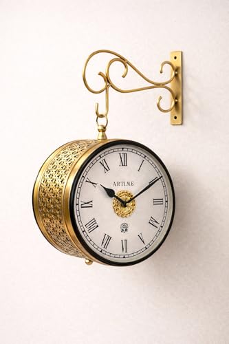Image of Handcrafted Double Side Metal Analog Vintage Wall Clock,Hand Jali Cutting | 1.5 Year Machine Warranty |65470- Size INCHES | 1 Side Number 1 Side Roman,Colour Golden Size 8 inch