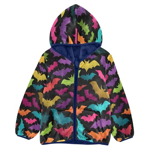 Colorful Bats on Black Toddler Fleece Jacket Girl Boys Hooded Fleece Jacket Coat Warm Outwear Zip-up 3-10T