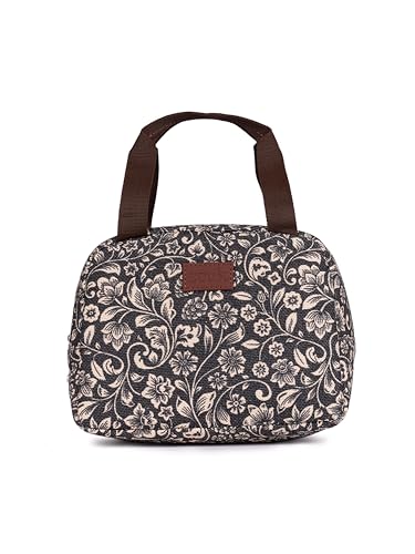 Image of ZOUK FloMotif Floral Printed Jute Black Insulated Lunch Tiffin Storage Picnic Tiffin Storage Picnic Bag