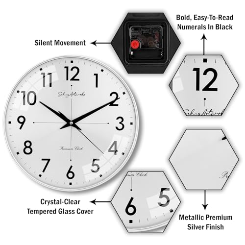 Image of Sehaz Artworks Wall Clock for Living Room Stylish | Traditional Wall Clock for Hall Big Size | Wall Watch for Living Room Stylish | Metal Dial - Silver 32x32 CM