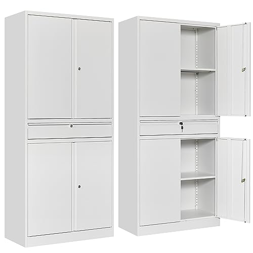 Image of SISESOL White Metal Storage Cabinet with Drawer and Locks,Garage Storage Cabinet with Locking Doors and Adjustable Shelves,71 inch Tall Large Metal Cabinets with Magnetic Door for Home,Office,Garage