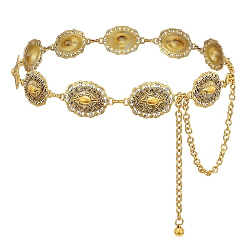 LEACOOLKEY Western Concho Belt for Women Cowgirl Boho Waist Chain Belt for Dresses Jeans Pants Gold