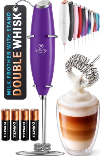 Image of Zulay Kitchen Powerful Milk Frother Wand With Duracell Batteries - Ultra Fast Handheld Drink Mixer - Electric Whisk Foam Maker for Coffee, Lattes, Cappuccino & Matcha - Double Whisk - Purple