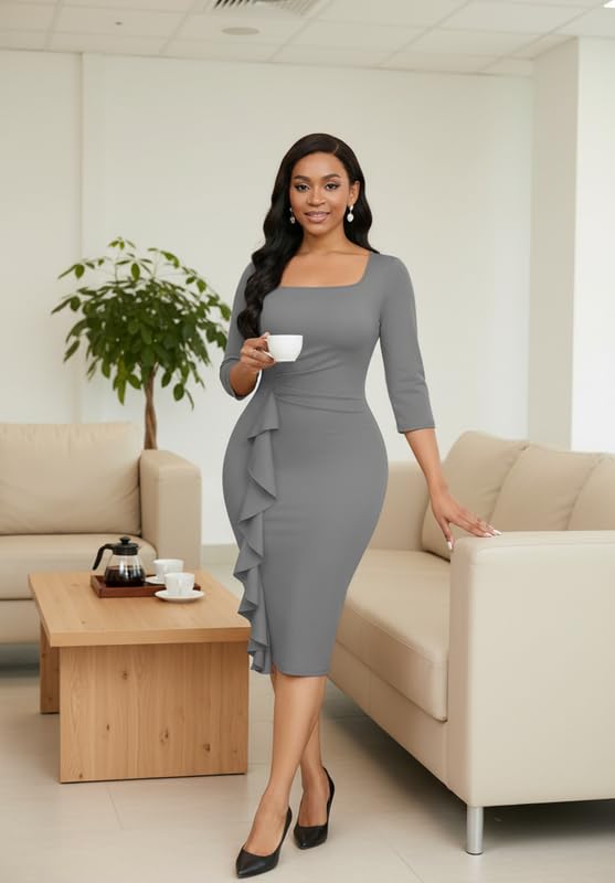 Image of MarryUP Womens Work Dresses Elegant Square Neck 3 /4 Sleeve High Waist Bodycon Ruffle Vintage Church Pencil Midi Dress