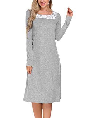 ADOME-Damen-Lang-Nachthemd-Langarm-Sleepwear-Spize-am-V-Ausschnitt-Nachtkleid-A-Linie-Schlafkleid-Casual-Nachtwaesche-Baumwolle-Herbst-Unterkleid