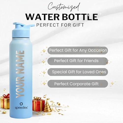 Image of Speedex Customised Stainless Steel Water Bottle 1 Ltr with Name - Personalised Engraved Sipper Cap Bottle for Kids, Men & Women, School, Gym, Office Dual Blue, Set of 1