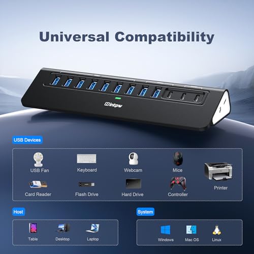 Image of Powered USB Hub 10Gbps, intpw YH9AC 12-Port USB C Hub with 10Gbps USB C 3.2, 2 USB A 3.2, 7 USB 3.0, 2 PD 45W Charging Port, 65W Power Adapter + 3.3FT Cable, Aluminum USB Hub for Laptop /iPhone16 /15 /PC