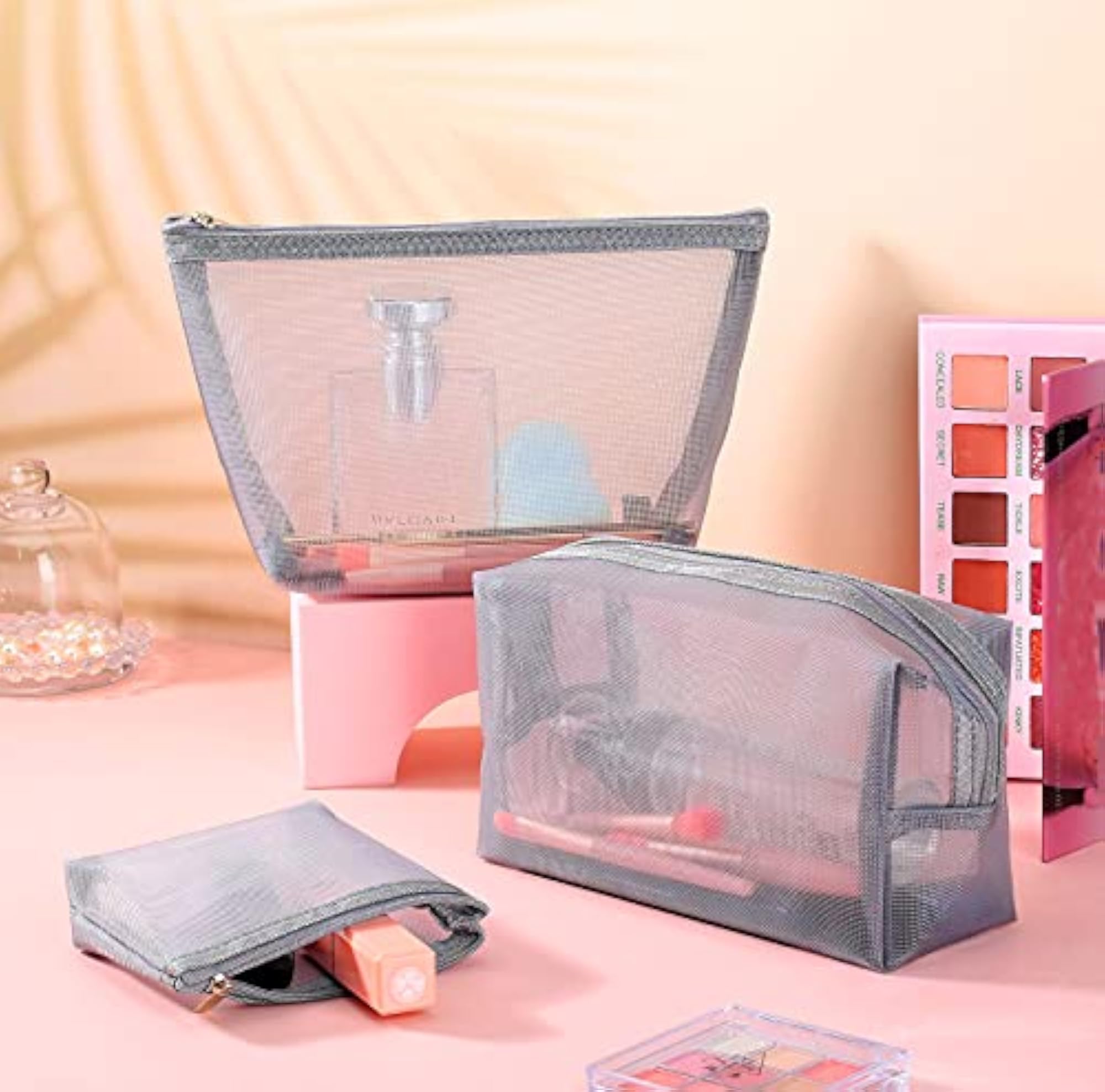 3 Piece Mesh Cosmetic Bag Set, Grey