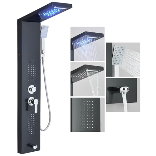Panneau de douche colonne de douche hydromassante noire pour salle de bain avec pommeau de douche LED système de douche à sortie d'eau multifonction en acier...