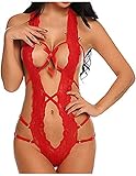 WaiMeill Damen Body Sexy Spitze Unterwäsche, Reizwäsche Erotik Oberteil Sexy Nachtwäsche Spitzenbody Stringbody Negligee Nachtkleid Lingerie Spitze Reizwäsche Dessous Set (M, Rot-2)