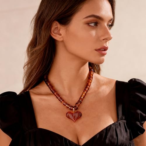 Amber Acrylic Chunky Heart Penadnt Necklace for Women Exaggerated Statement Puff Heart Choker Necklace4