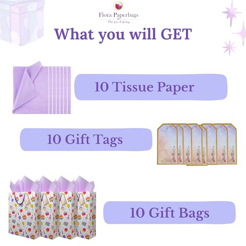 Image of Flora Paperbags - Birthday Pack of 10 Paper Bags for Return Gifts | Medium Carry Bags for Gifts | Return gift bags for kids birthday | Christmas Paper gift bags for kids party |size 30 (H)x23 (W) x9 (B)cm
