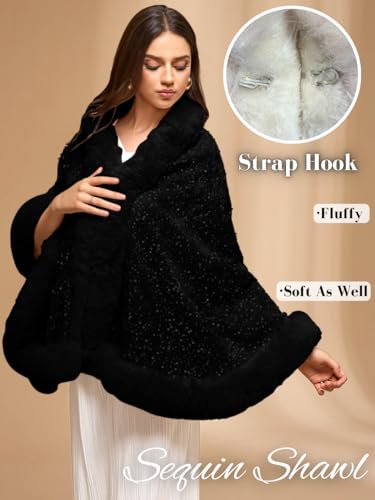 Women's Sequin Faux Fur Shawl Wrap, Winter Bridal Wedding, Luxury Elegant Velvet Fur Coat Jackets Cape Evening Party2