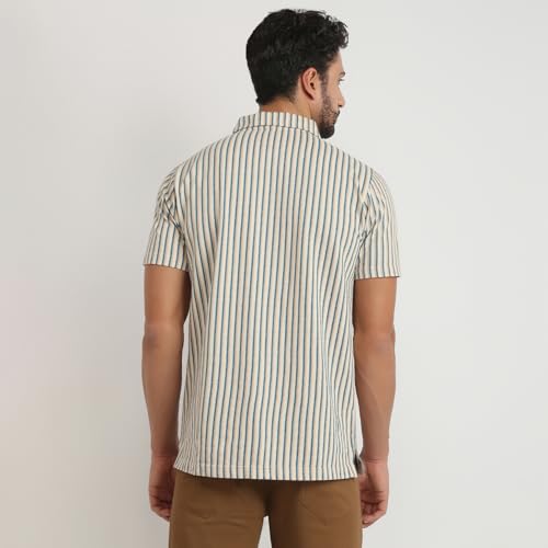 Image of Colorplus Men Regular Fit Stripe Pattern Pure Cotton Half Sleeve Polo Neck Casual T-Shirt