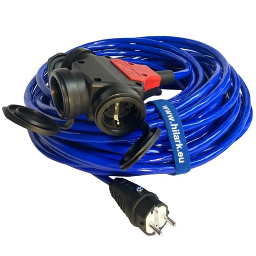 Hilark Cable alargador H07BQ-F 3g2,5 mm (3x2,5 mm), 3 Tomas Shuko con Tapa, Color Naranja (50 Metro, Azul)