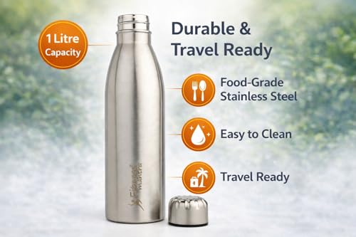 Image of Fitness Mantra Stainless Steel Water Bottle 1L | Reusable, Durable & Leak-Proof Bottle for Daily Use| 1 Piece|