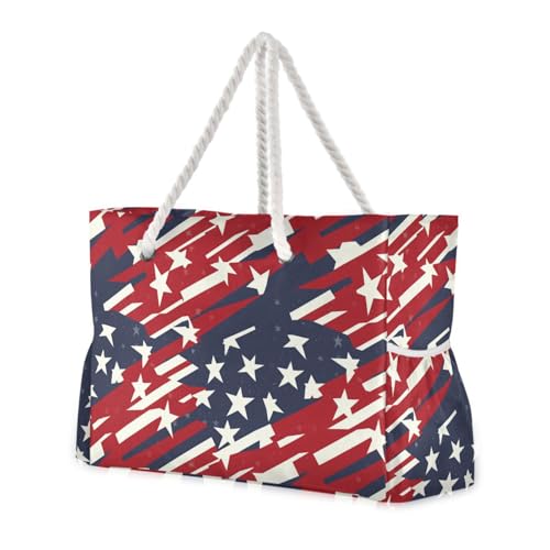 JUNZAN American Flags Beach Tote Bag with Handles Swim Pool Bag Beach Totes Bags for Women with Waterproof Pockets Blue and Red